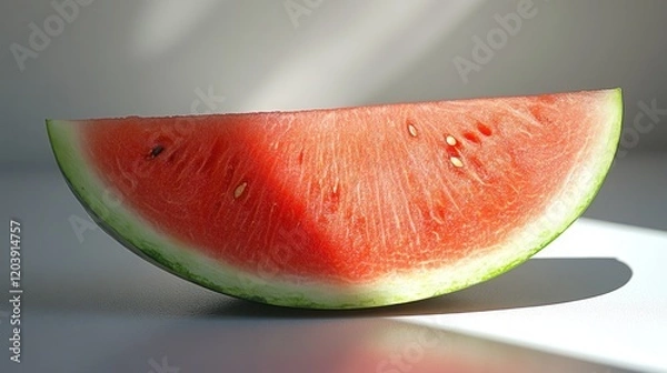 Fototapeta A vibrant slice of watermelon resting on a surface, illuminated by soft natural light, showcasing its juicy texture