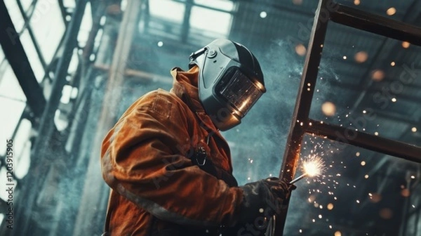 Fototapeta A welder in protective gear and helmet, holding a welding mask and standing in front of a metal structure with visible welds and sparks, Construction site scene