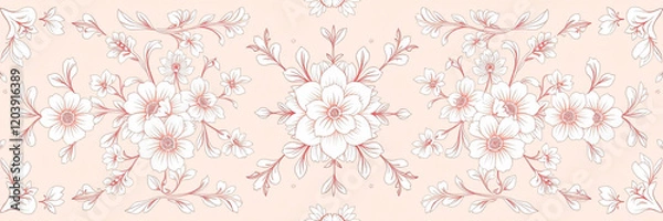 Fototapeta All around, a floral decorative pattern in white and pastel pink tones, symmetrical and harmonious, with a soft background in gradient colors between beige and light pink.