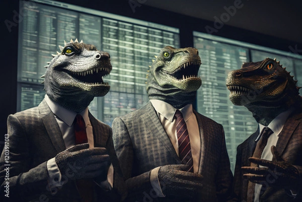 Obraz Three reptilian businessmen (lizard people with a business suit) share an evil laugh in front of a stock exchange billboard. Surreal and funny conspiracy theory concept.