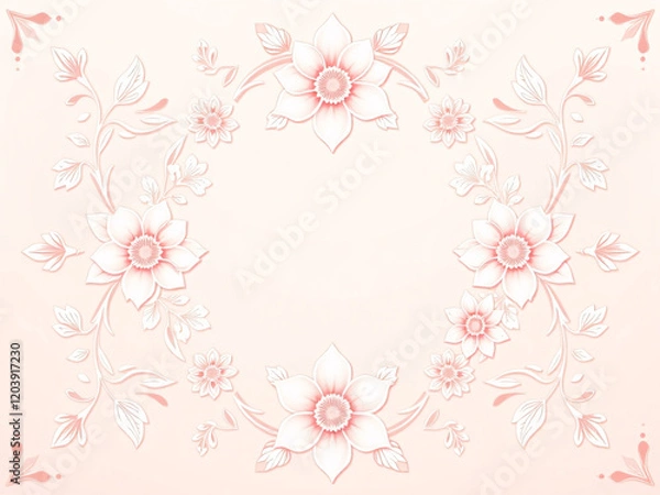 Fototapeta All around, a floral decorative pattern in white and pastel pink tones, symmetrical and harmonious, with a soft background in gradient colors between beige and light pink.
