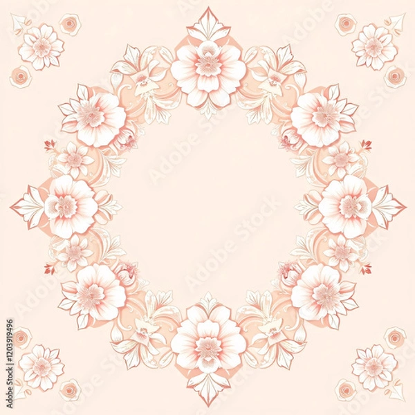Fototapeta All around, a floral decorative pattern in white and pastel pink tones, symmetrical and harmonious, with a soft background in gradient colors between beige and light pink.