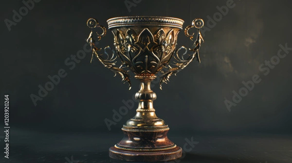 Fototapeta An ornate gold trophy sits on a dark surface against a deep gray background