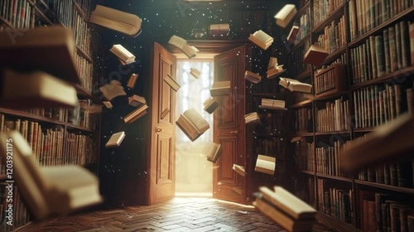 Fototapeta Mystical Library With Open Door and Floating Books Conjuring a Sense of Wonder and Knowledge
