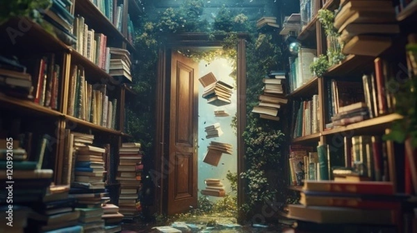 Fototapeta Mystical library with a portal and floating books offering an escape to another world