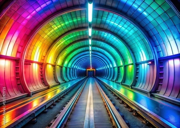 Fototapeta Panoramic Futuristic Subway Tunnel with Vibrant Rainbow LED Lighting