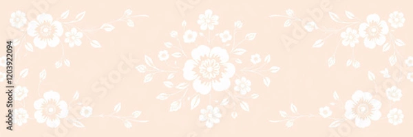 Fototapeta All around, a floral decorative pattern in white and pastel pink tones, symmetrical and harmonious, with a soft background in gradient colors between beige and light pink.