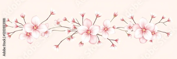 Fototapeta All around, a floral decorative pattern in white and pastel pink tones, symmetrical and harmonious, with a soft background in gradient colors between beige and light pink.