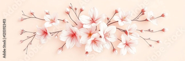Fototapeta All around, a floral decorative pattern in white and pastel pink tones, symmetrical and harmonious, with a soft background in gradient colors between beige and light pink.