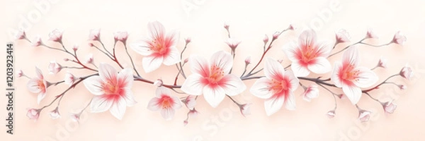Fototapeta All around, a floral decorative pattern in white and pastel pink tones, symmetrical and harmonious, with a soft background in gradient colors between beige and light pink.