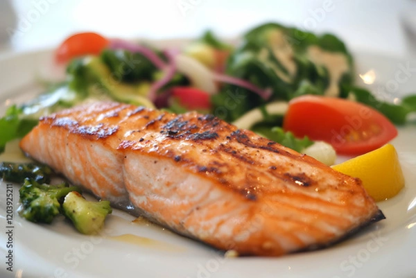 Fototapeta Delicious grilled salmon fillet served with a fresh side salad, including tomatoes, broccoli, and lemon.  A healthy and appetizing meal.