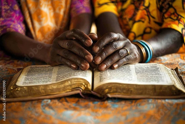 Fototapeta Two diverse hands clasped over an open book, vibrant fabric clothing in the background