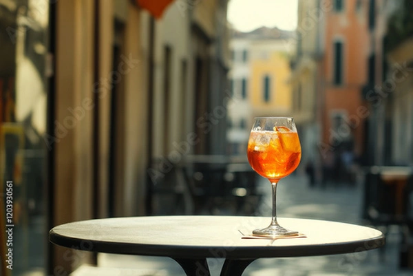 Fototapeta A glass of Aperol Spritz on an outdoor café table in a sunny street with copy space 
