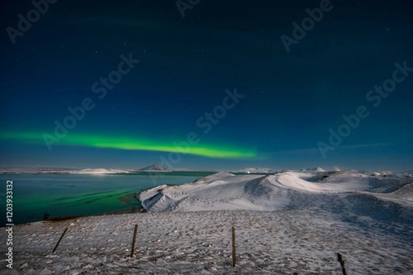 Fototapeta Aurora Borealis or Northern lights the amazing wonder of nature in the dramatic skies of Iceland. Night landscape with the green light and the white snow of winter