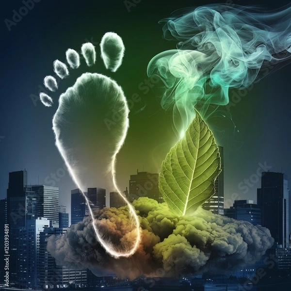 Obraz Green Footprint and Leaf Amid Urban Pollution Backdrop
