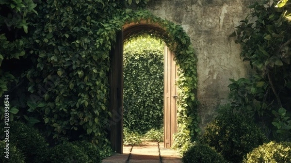 Fototapeta An open wooden archway door surrounded by climbing green vines leading into a green garden
