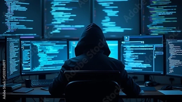 Fototapeta hacker front of his computer committing digital cybercrime