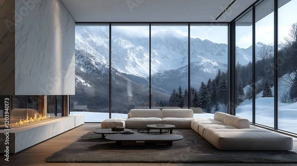 Obraz Aesthetic minimalist apartment interior with fireplace. Panoramic big windows. Modern design. Winter landscape with mountain view.