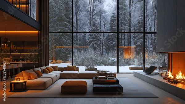 Obraz Aesthetic minimalist apartment interior with fireplace. Panoramic big windows. Modern design. Winter landscape with forest view.