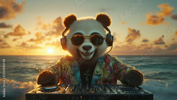 Fototapeta Ocean Sunset Party with DJ Panda in Rainbow Jacket