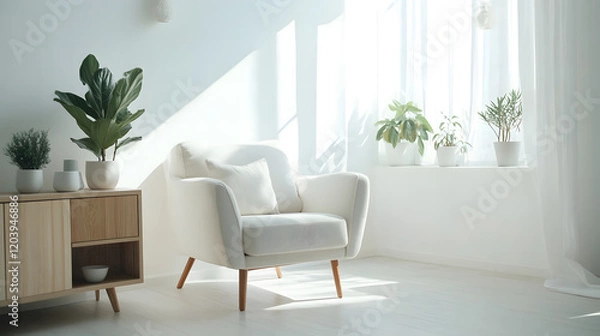 Fototapeta Elegant and minimalist living area with soft sunlight.