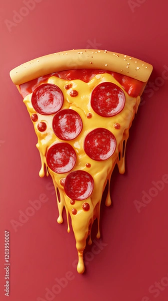 Obraz Colorful food emoji of a pepperoni pizza slice with dripping cheese on red