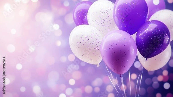 Fototapeta Festive Purple and White Balloons Floating in a Dreamy Purple Background
