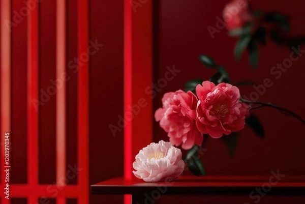 Fototapeta visual of a branch of chinese new year flower peeking through a red arch and on table, peonies, hyper realistic