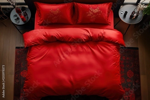 Fototapeta In the spot. Bedroom, high angle frontal shot of bed, panoramic view of bed. The bed with big red sheets has a dreamy rose element atmosphere