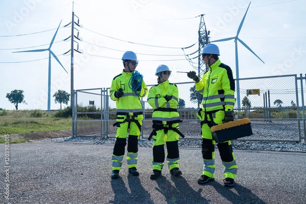 Fototapeta Engineers high-fiving at power station