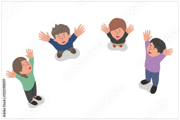 Fototapeta 空を見上げて手を広げる男性と女性の俯瞰イラスト