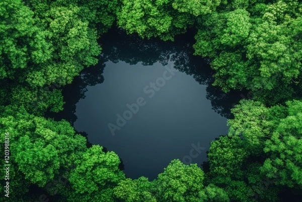Fototapeta Aerial view of a serene lake nestled within a lush green forest, creating a natural frame.
