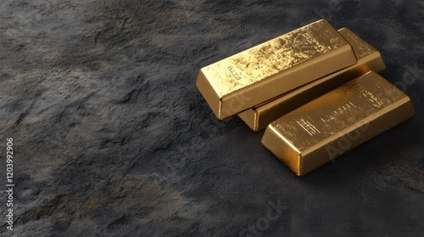 Obraz A close-up view of three shiny gold bars placed on a dark, textured surface, showcasing their weight and value.