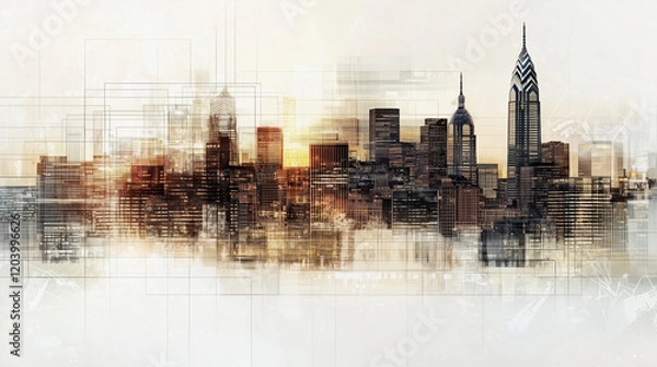 Fototapeta Abstract city skyline with modern architectural elements and digital overlay