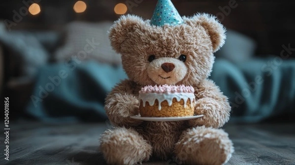 Fototapeta Festive teddy bear with a cake and party hat