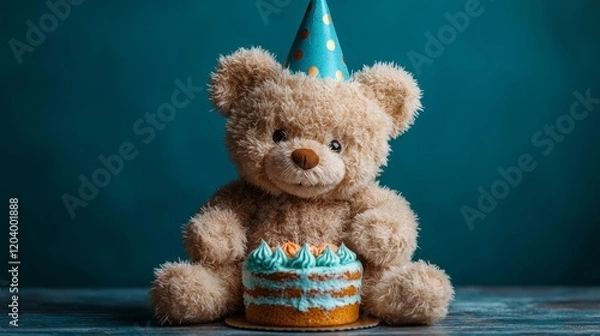 Fototapeta Festive teddy bear with a cake and party hat