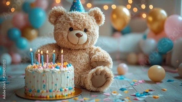 Obraz Fluffy bear at birthday celebration, cake and hat