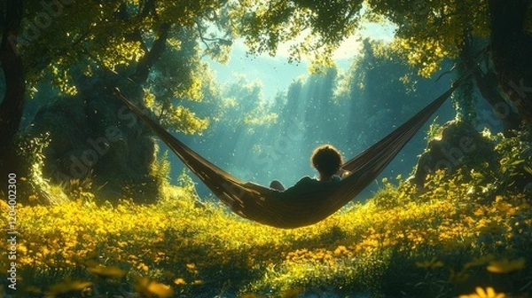 Obraz Fully immersed in nature, person resting in hammock, phone off, tranquil environment