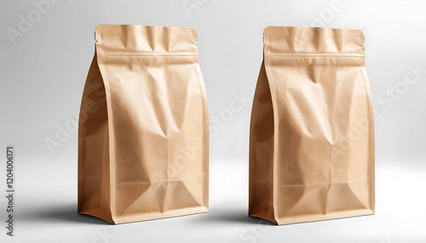 Fototapeta Brown craft paper bag packaging template isolated on white background. Packaging template mockup collection. With clipping Path included. Stand-up pouch Half side view package