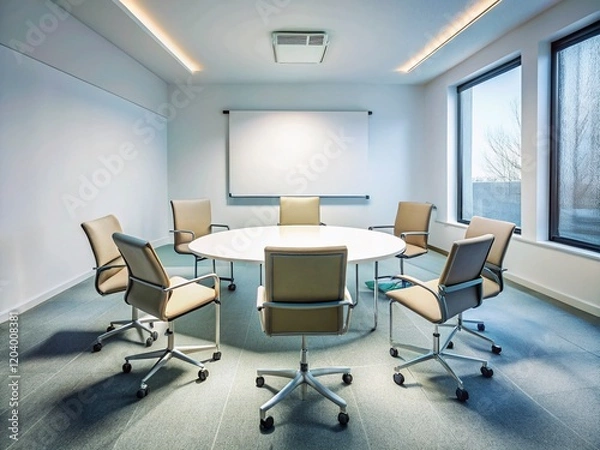 Fototapeta Simple Conference Room Setup: Six Chairs Facing Projector Screen - Aerial View Stock Photo