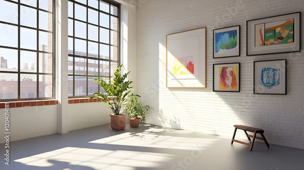 Fototapeta Sunlit loft apartment interior with artwork, plants, and city view; ideal for home decor, real estate, or lifestyle websites