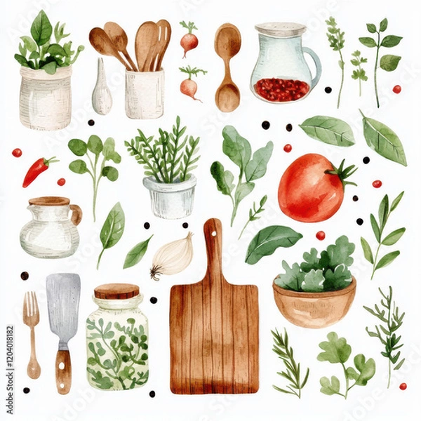 Obraz Fresh herbs and vegetables arranged with kitchen utensils, showcasing vibrant culinary theme. Perfect for cooking enthusiasts and food lovers