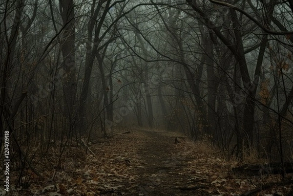 Fototapeta Fog rolling through a dark and gloomy forest with a path covered in leaves