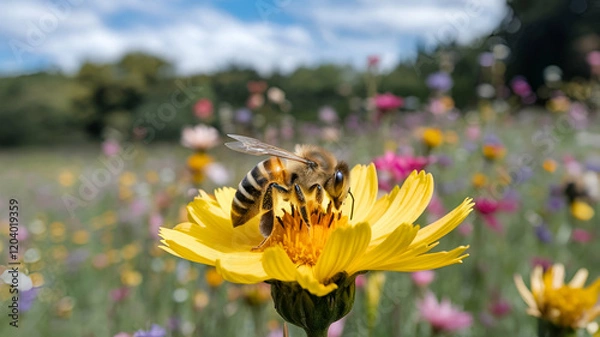 Obraz bee on flower with yellow flowers background 