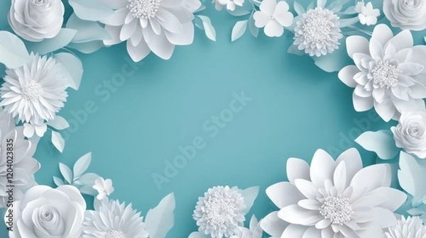 Fototapeta A white rectangular frame adorned with delicate floral patterns rests on a vibrant teal background, creating a fresh and elegant space for your message.