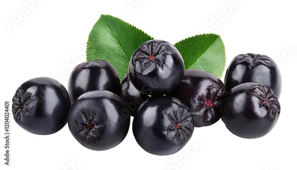 Fototapeta Ripe aronia berries with green leaves isolated on transparent background