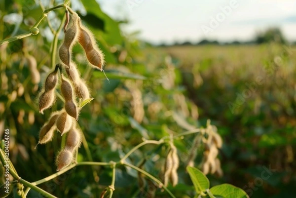 Fototapeta Close up of ripe soybean pods growing on a soybean plant in a field, ready for harvest