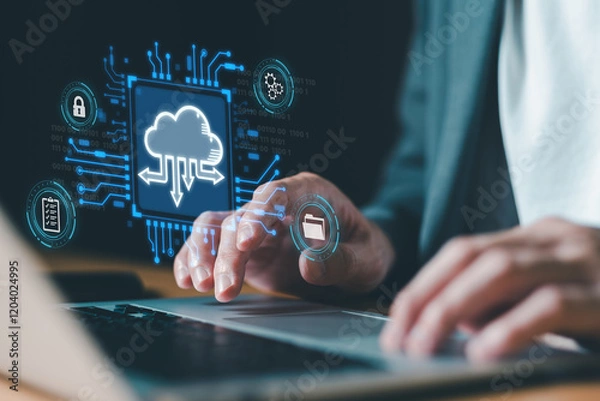 Fototapeta Business person migrate data and corporate information into cloud technology for data security and back up as disaster recovery site and prevent for cyber crime. Data inventory for enterprise.