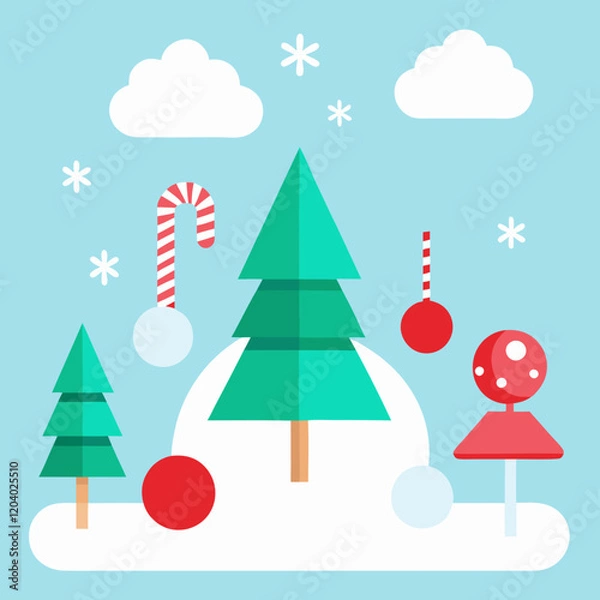 Fototapeta A festive Christmas and New Year scene with paper-cut trees, clouds, snowflakes, candy canes, and ornaments against a light blue background 