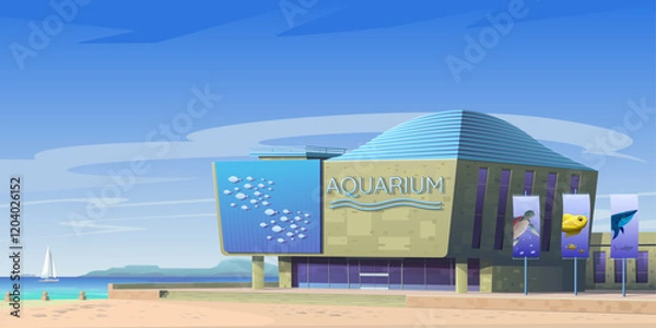 Fototapeta Facade of the oceanarium building. Educational, tourist complex for studying and demonstrating marine animals. Coast, sea bay, cobblestone embankment, modern architecture. Vector cartoon illustration.